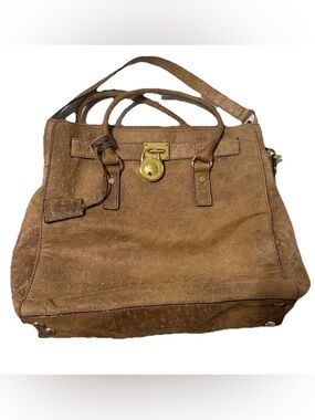Michael Kors Tote with Gold Lock Hamilton Satchel In Mocha Ostrich Leather